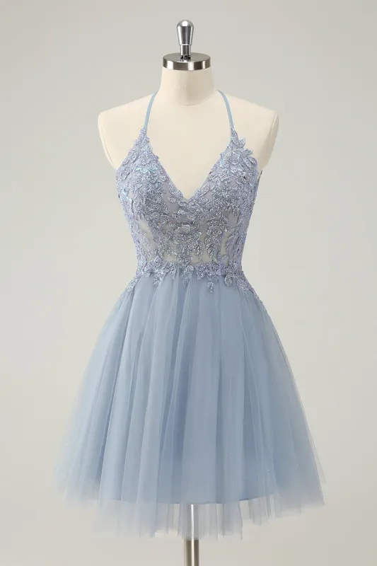 Cute Dusty Blue A Line Spaghetti Straps Beaded Short Homecoming Dress with Appliques sold by Wedtrend
