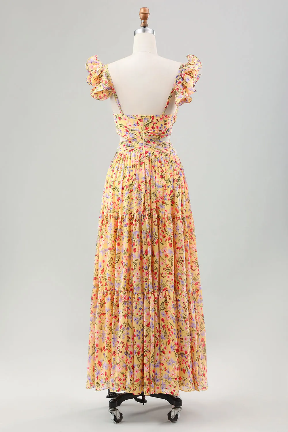 Yellow Flower A Line V Neck Print Pleated Tea Length Midi Dress with Slit sold by Wedtrend product image thumbnail 4