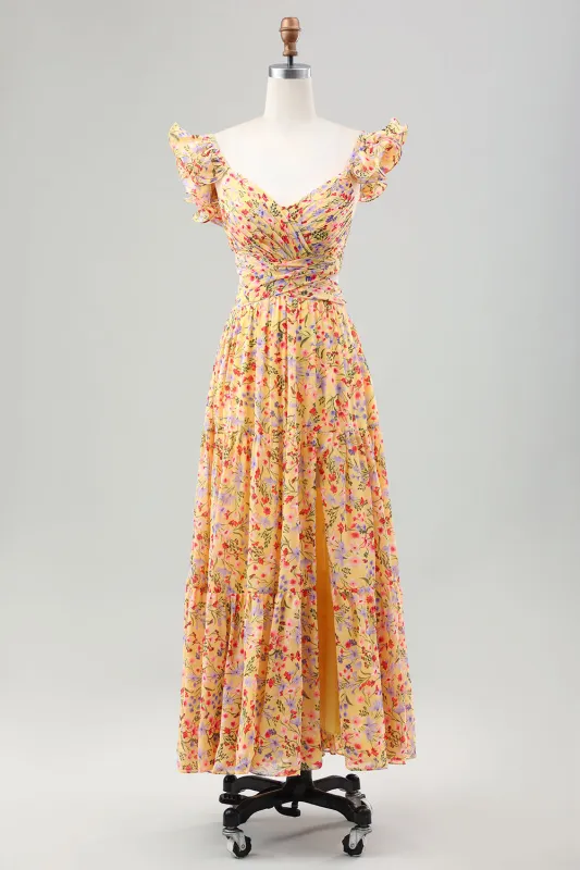 Yellow Flower A Line V Neck Print Pleated Tea Length Midi Dress with Slit sold by Wedtrend