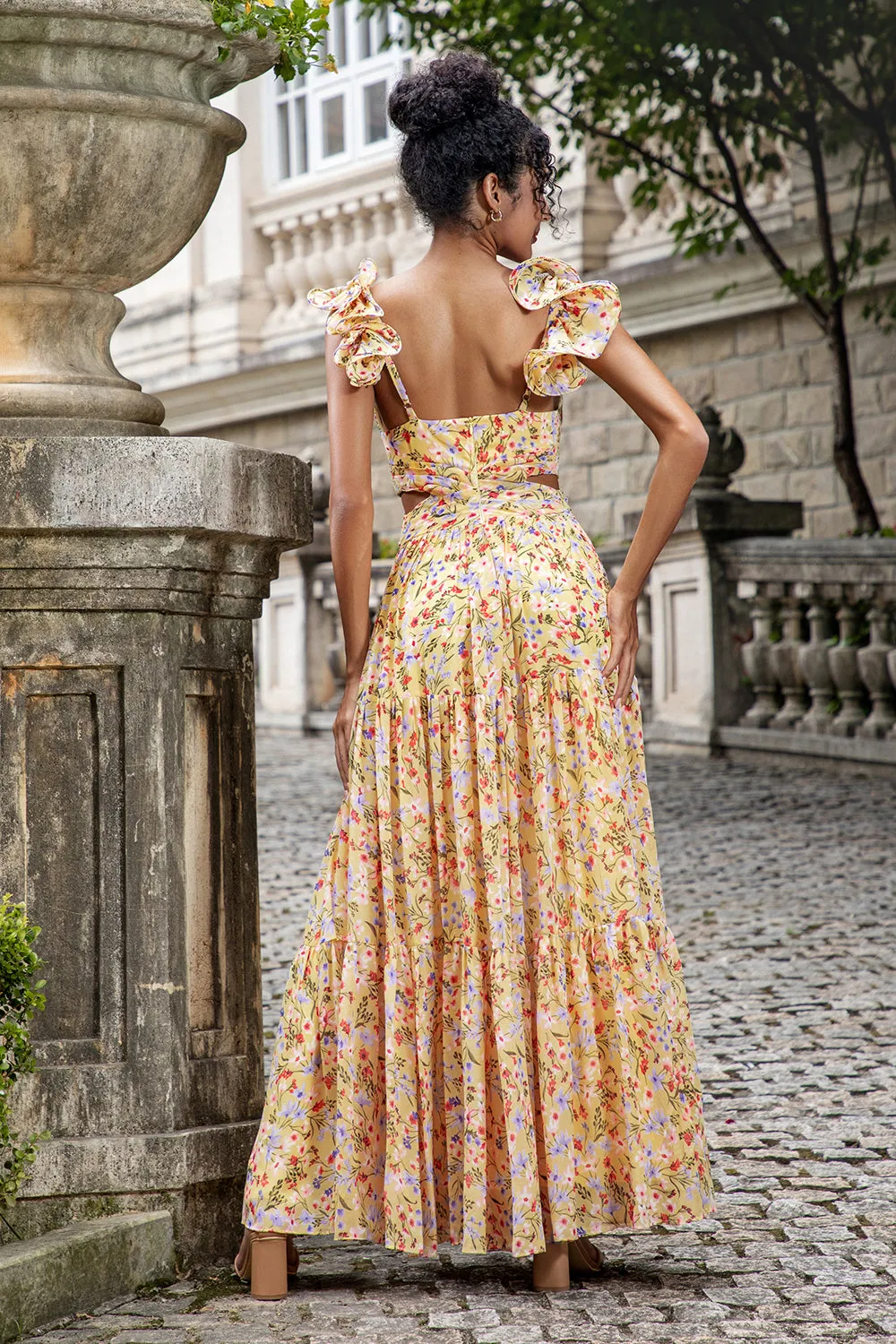 Yellow Flower A Line V Neck Print Pleated Tea Length Midi Dress with Slit sold by Wedtrend product image thumbnail 3