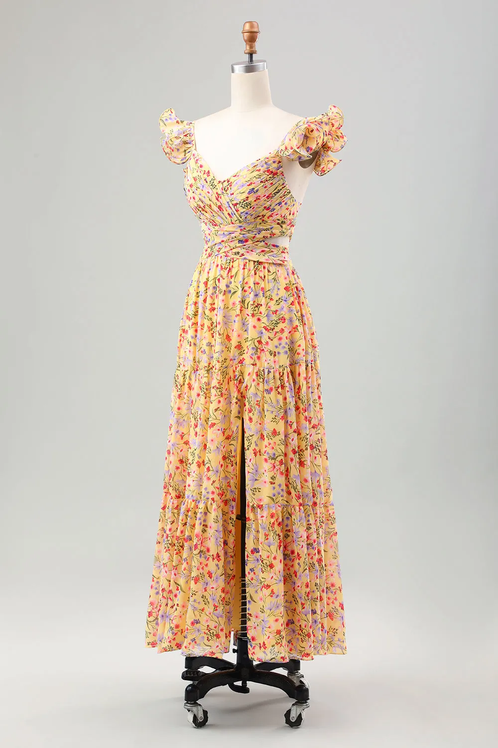 Yellow Flower A Line V Neck Print Pleated Tea Length Midi Dress with Slit sold by Wedtrend product image thumbnail 5