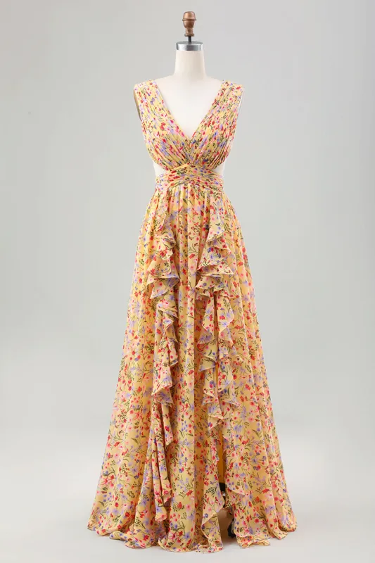 Yellow Small Flower A Line V Neck Pleated Maxi Dress with Ruffles sold by Wedtrend