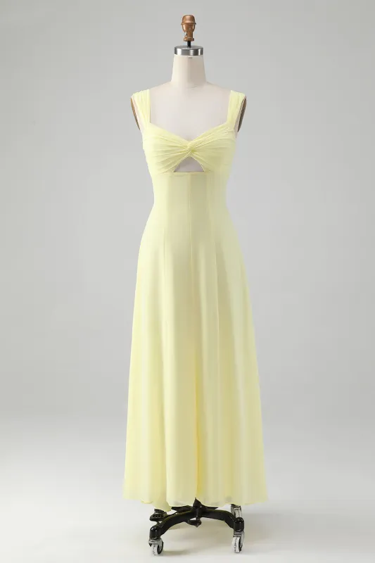 Lemon Yellow A Line Square Neck Keyhole Long Bridesmaid Dress sold by Wedtrend
