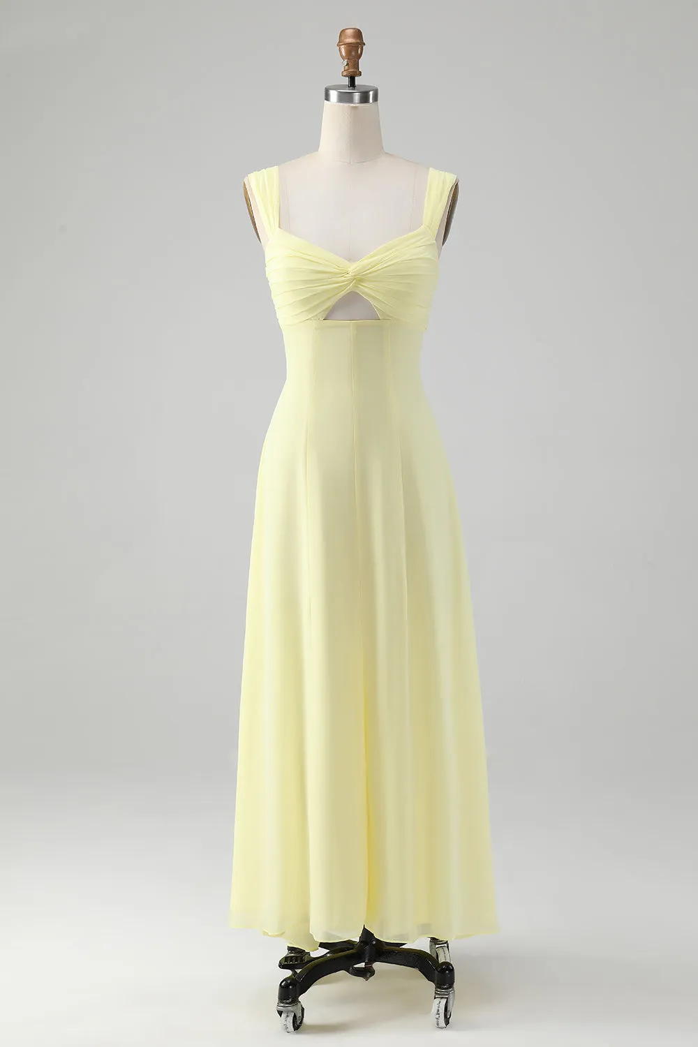 Lemon Yellow A Line Square Neck Keyhole Long Bridesmaid Dress sold by Wedtrend