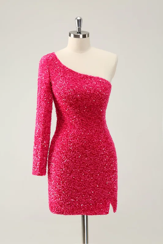 Sparkly Hot Pink Bodycon One Shoulder Long Sleeve Short Homecoming Dress with Slit sold by Wedtrend