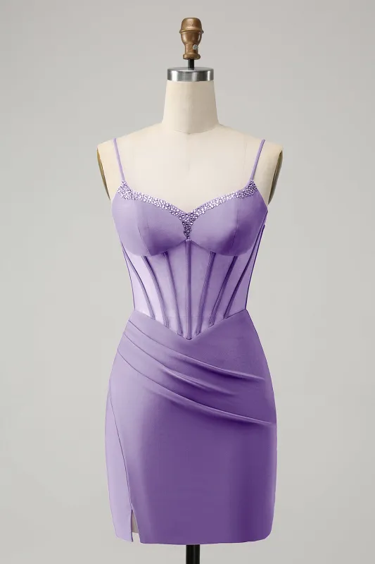 Stylish Purple Bodycon Lace Up Back Beaded Corset Short Homecoming Dress with Slit sold by Wedtrend