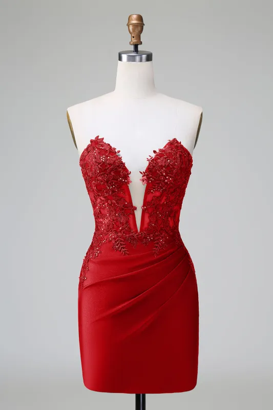Classy Red Bodycon Strapless Pleated Short Homecoming Dress with Beading sold by Wedtrend
