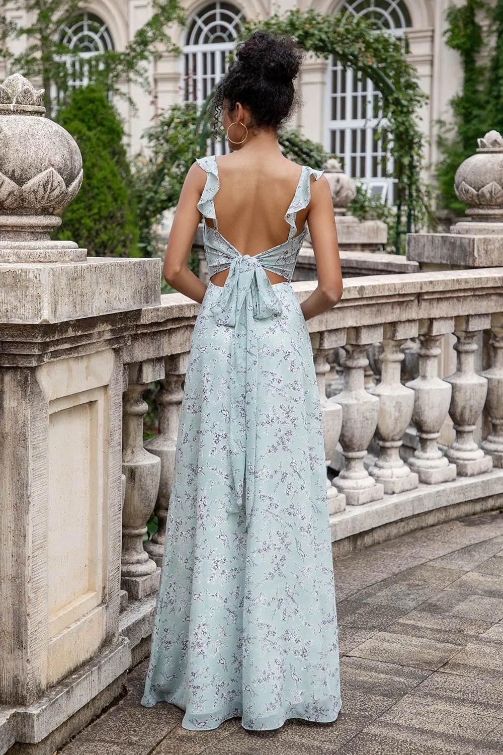 Grey Green Sheath Floral Print Lace Up Back Long Bridesmaid Dress With Slit sold by Wedtrend product image thumbnail 2
