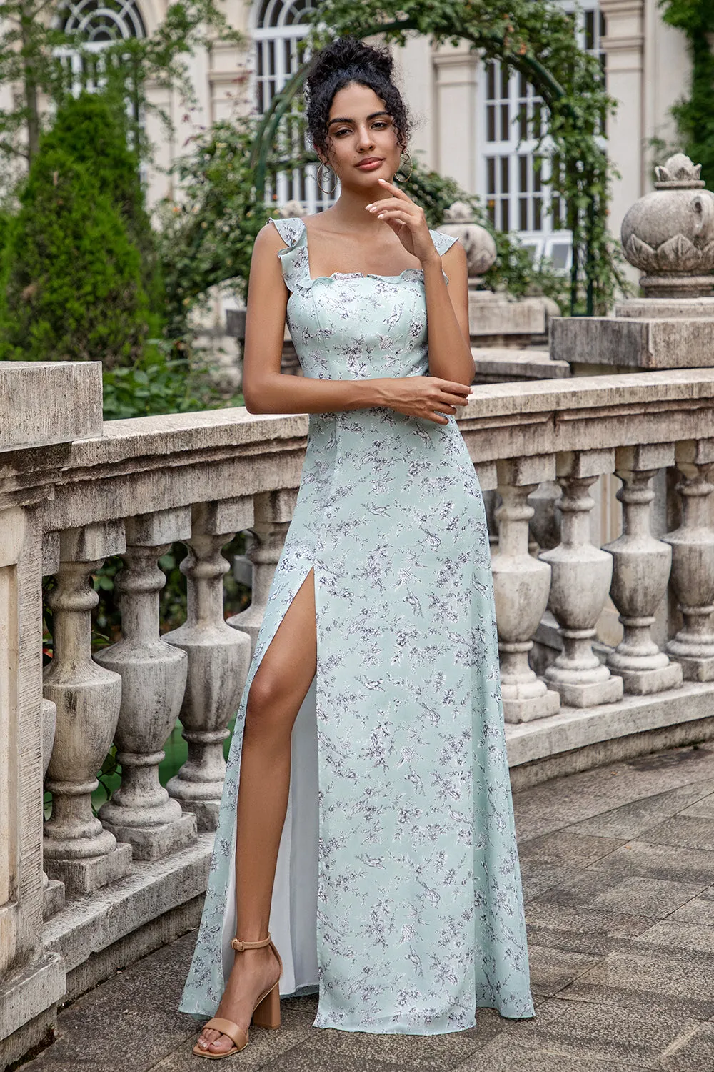 Grey Green Sheath Floral Print Lace Up Back Long Bridesmaid Dress With Slit sold by Wedtrend product image thumbnail 5