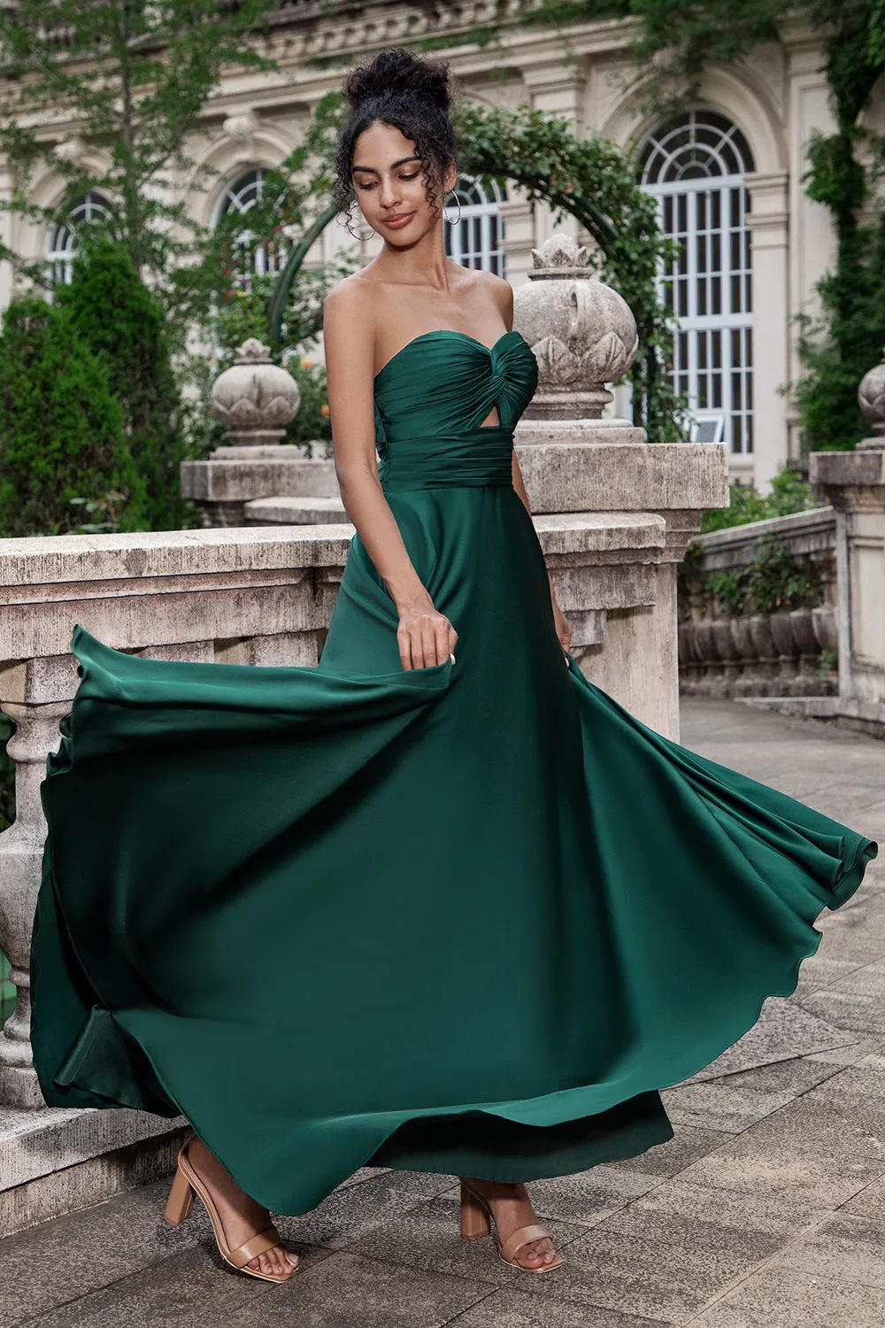 Dark Green A Line Sweetheart Satin Cut Out Pleated Long Wedding Party Guest Dress sold by Wedtrend product image thumbnail 5