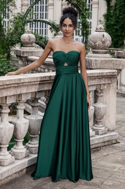 Dark Green A Line Sweetheart Satin Cut Out Pleated Long Wedding Party Guest Dress sold by Wedtrend