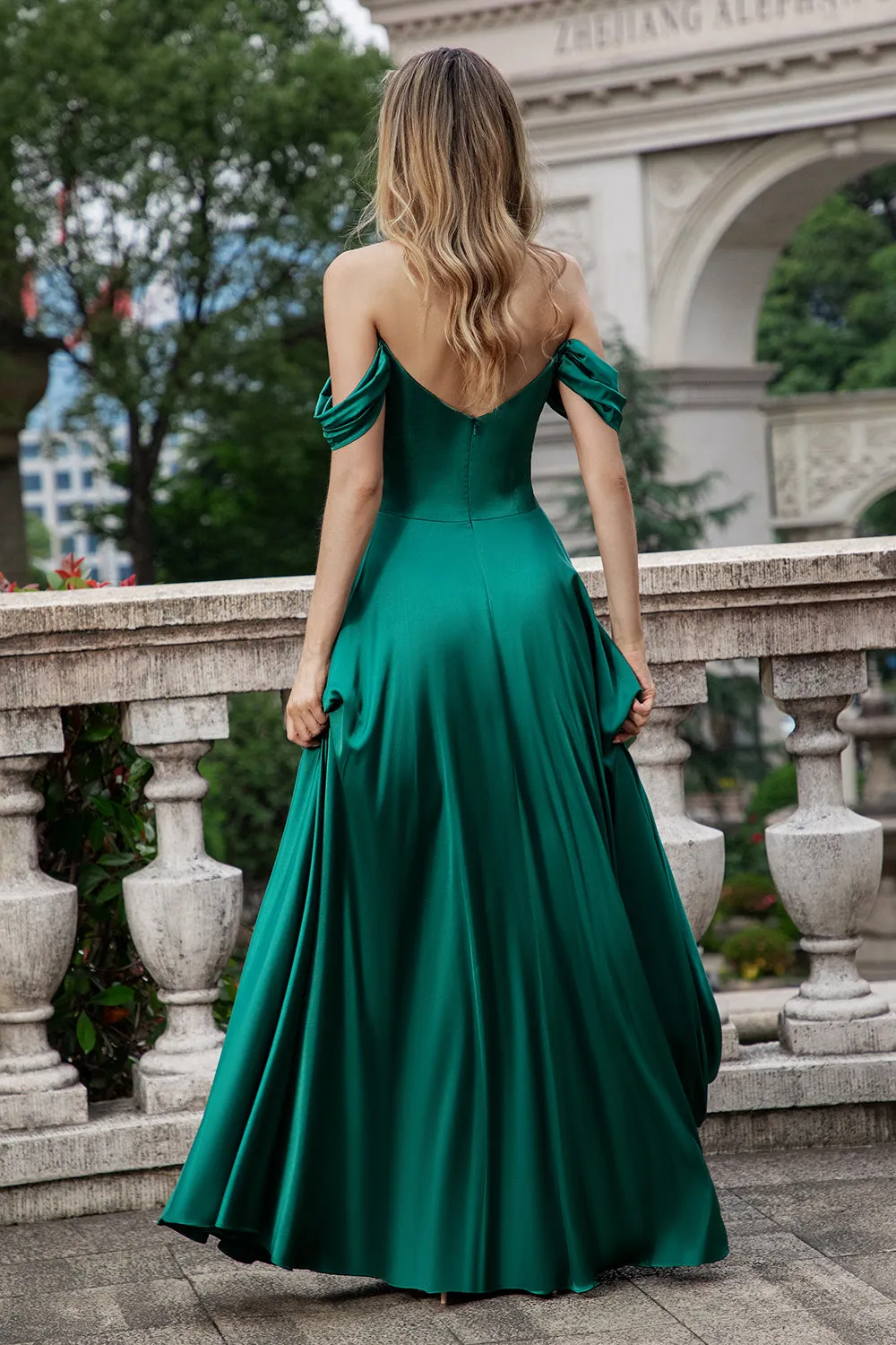 A Line Off The Shoulder Pleated Satin Long Dark Green Bridesmaid Dress sold by Wedtrend product image thumbnail 2