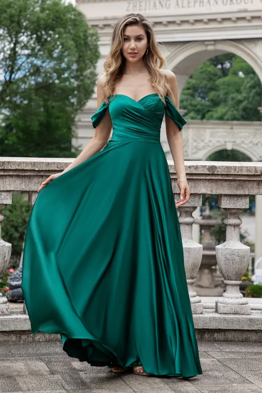A Line Off The Shoulder Pleated Satin Long Dark Green Bridesmaid Dress sold by Wedtrend