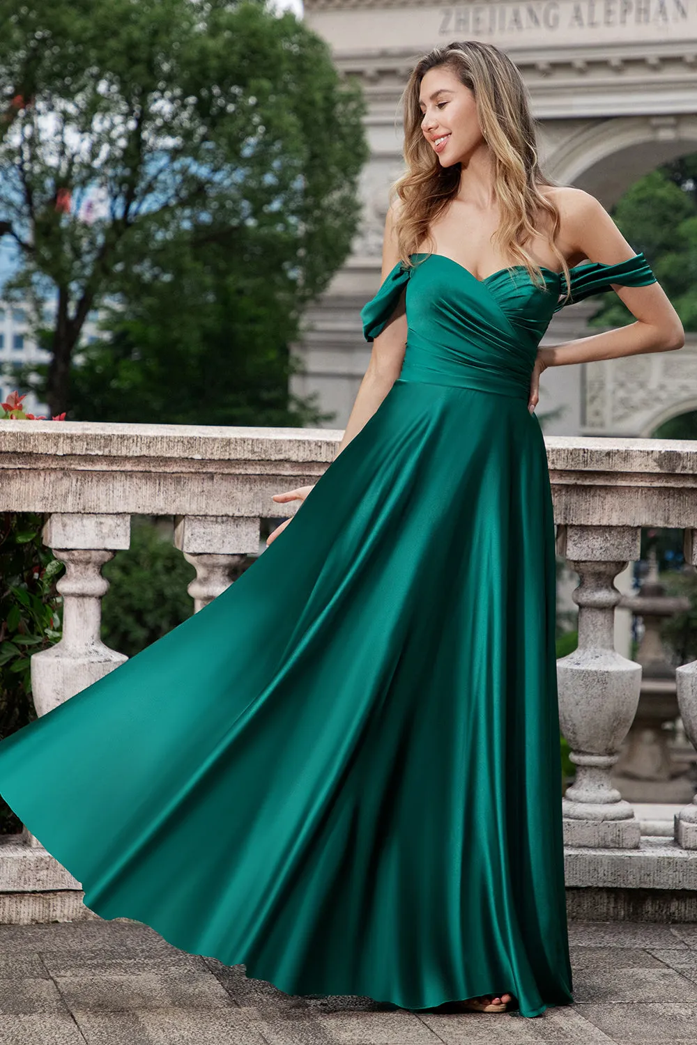 A Line Off The Shoulder Pleated Satin Long Dark Green Bridesmaid Dress sold by Wedtrend product image thumbnail 3