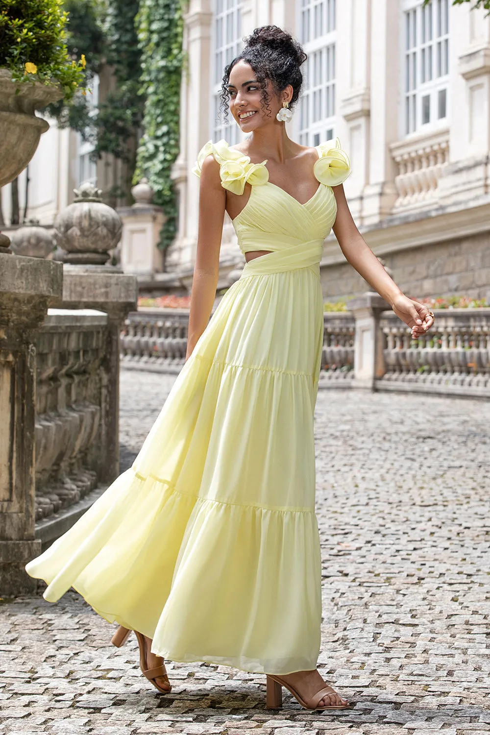 Simple A Line Pleated Chiffon Lemon Yellow Wedding Party Guest Dress with Ruffles sold by Wedtrend product image thumbnail 4