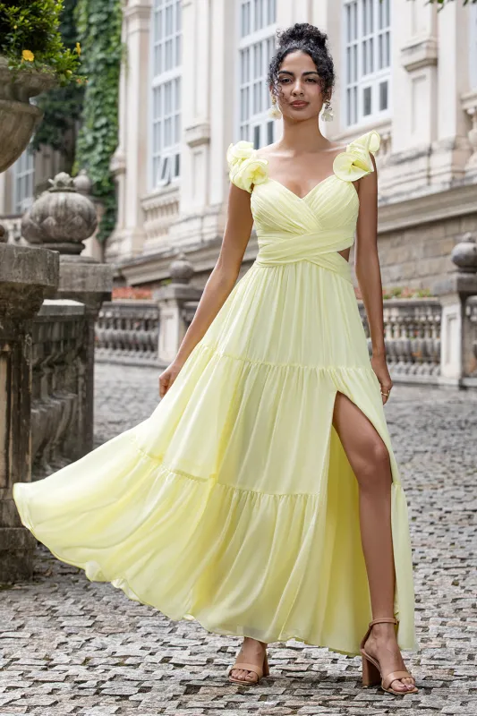 Simple A Line Pleated Chiffon Lemon Yellow Wedding Party Guest Dress with Ruffles sold by Wedtrend