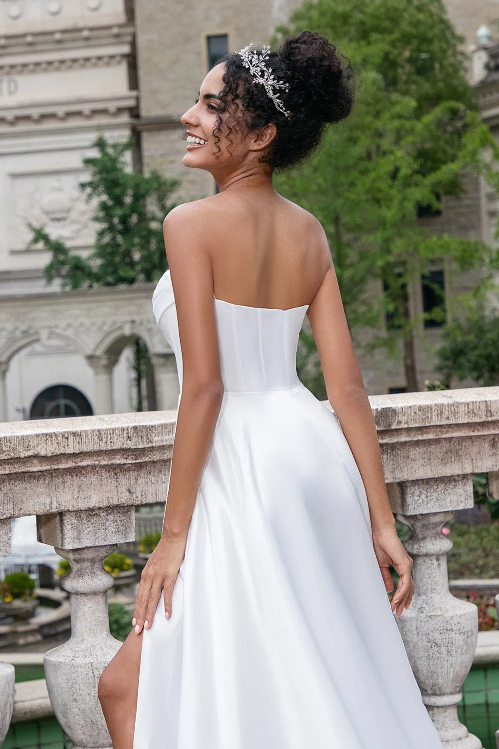 White A Line Sweep Train Strapless Pleated Corset Long Wedding Dress With Split sold by Wedtrend product image thumbnail 3