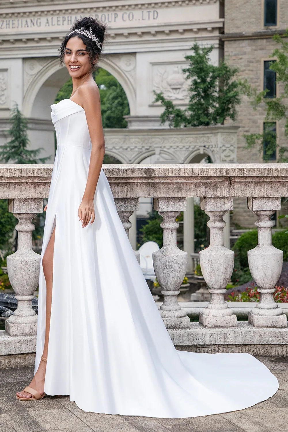 White A Line Sweep Train Strapless Pleated Corset Long Wedding Dress With Split sold by Wedtrend product image thumbnail 4