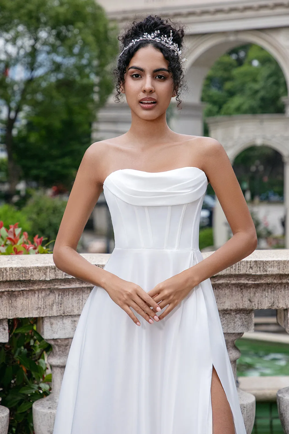 White A Line Sweep Train Strapless Pleated Corset Long Wedding Dress With Split sold by Wedtrend product image thumbnail 2