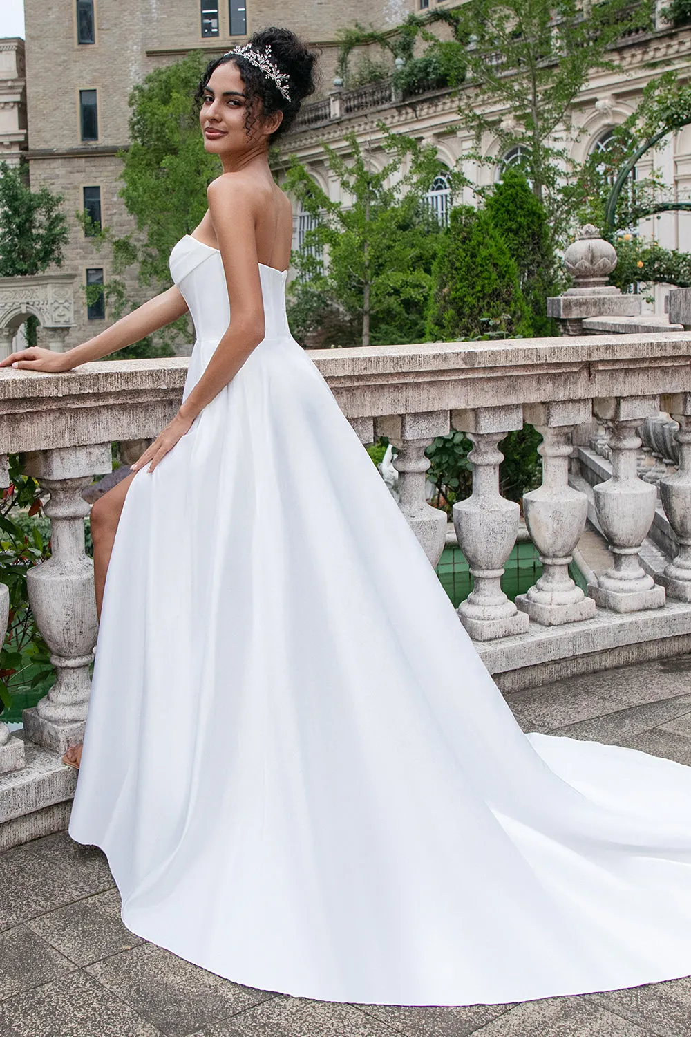 White A Line Sweep Train Strapless Pleated Corset Long Wedding Dress With Split sold by Wedtrend