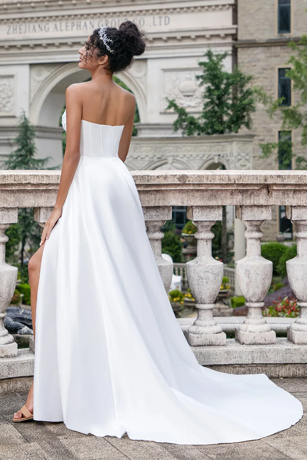 White A Line Sweep Train Strapless Pleated Corset Long Wedding Dress With Split sold by Wedtrend product image thumbnail 5