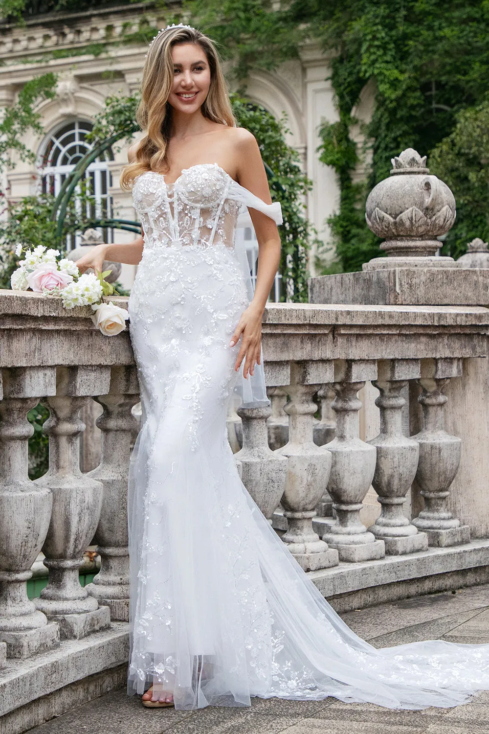 Sparkly Mermaid Off The Shoulder Corset Sequin Wedding Dress with Appliques sold by Wedtrend