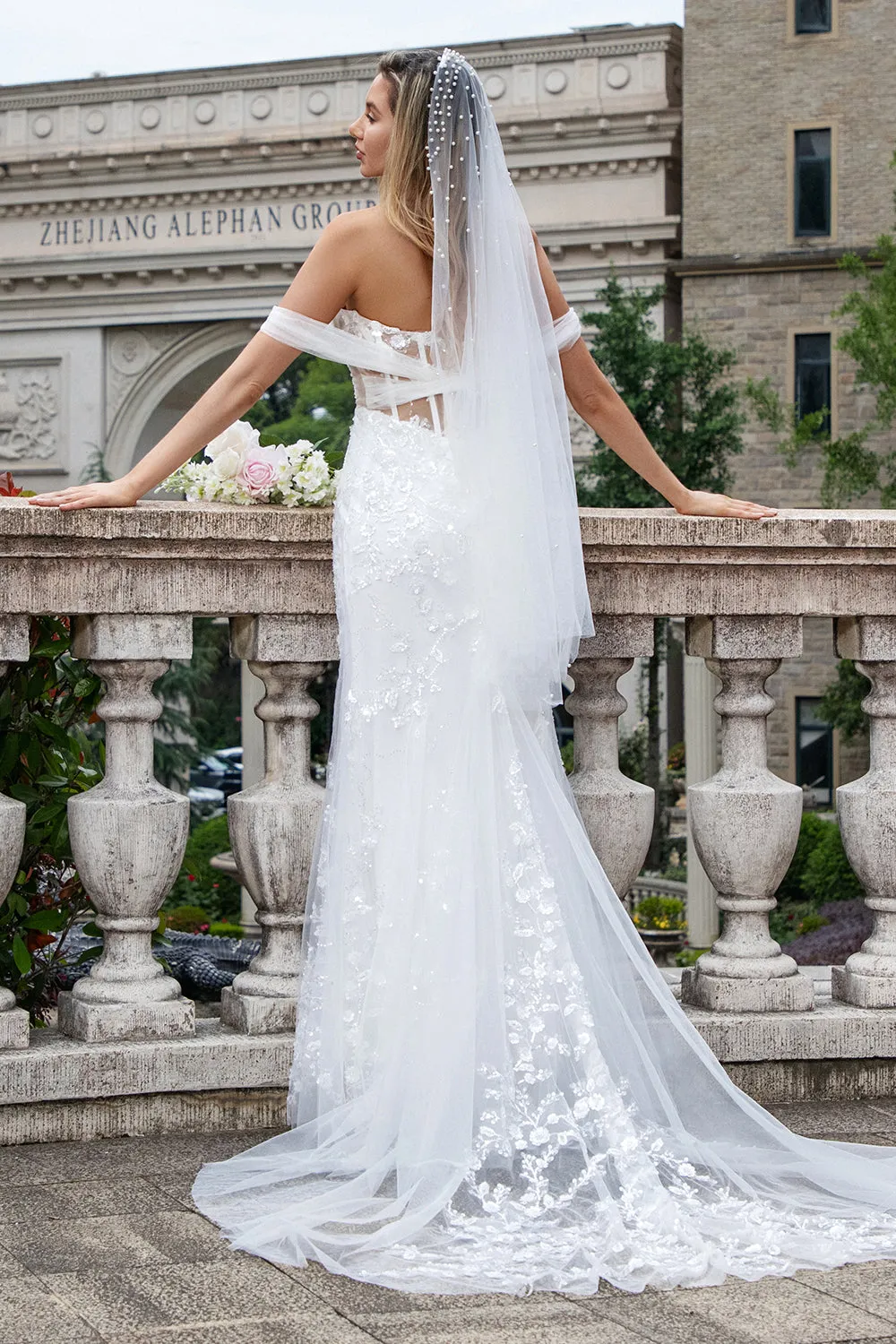 Sparkly Mermaid Off The Shoulder Corset Sequin Wedding Dress with Appliques sold by Wedtrend product image thumbnail 2