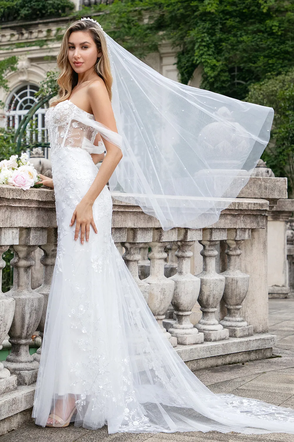 Sparkly Mermaid Off The Shoulder Corset Sequin Wedding Dress with Appliques sold by Wedtrend product image thumbnail 4