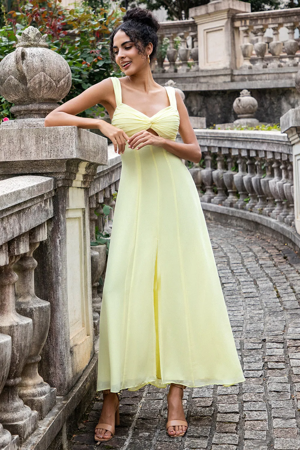 Lemon Yellow A Line Square Neck Keyhole Pleated Midi Dress sold by Wedtrend