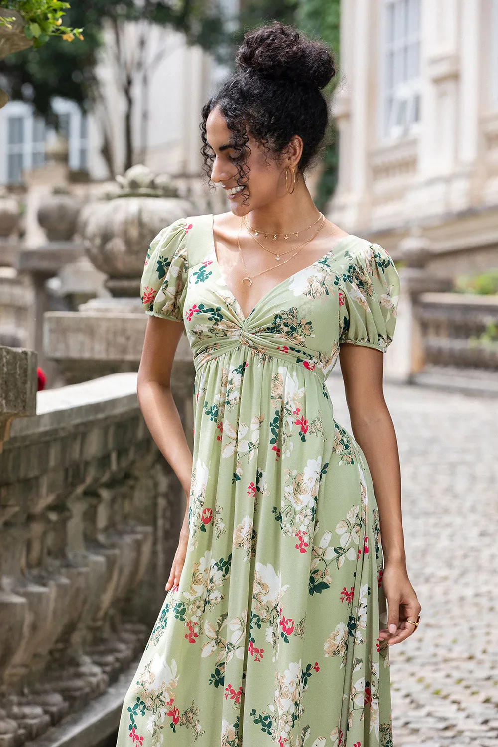 Green Large Flower A Line V Neck Chiffon Dress with Short Sleeves sold by Wedtrend product image thumbnail 5