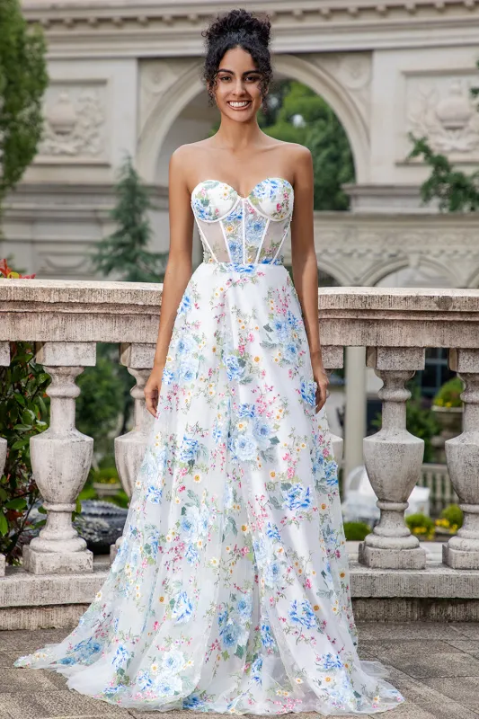 White Blue Flower A Line Sweetheart Corset Long Prom Dress With Slit sold by Wedtrend