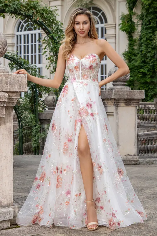 Elegant Sparkly Ivory Flower A Line Sweetheart Sequin Corset Party Dress With Slit made by Wedtrend