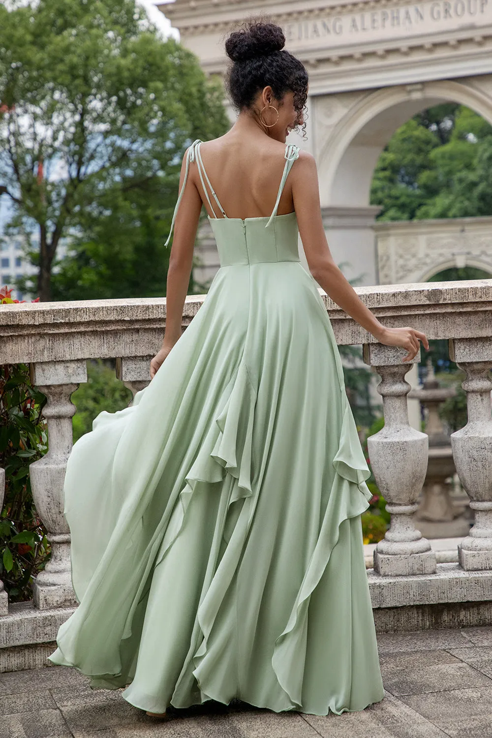 A Line Spaghetti Straps Chiffon Matcha Long Bridesmaid Dress with Ruffles sold by Wedtrend product image thumbnail 2