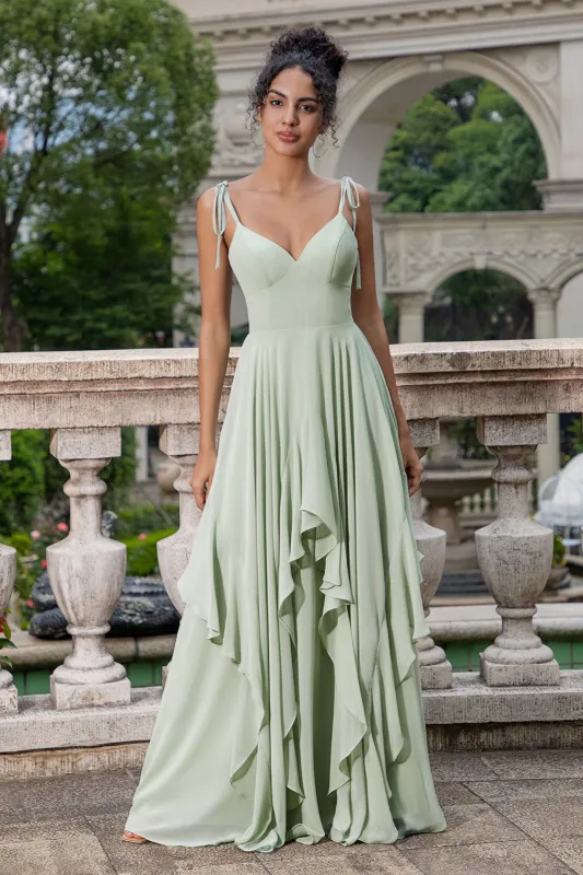 A Line Spaghetti Straps Chiffon Matcha Long Bridesmaid Dress with Ruffles sold by Wedtrend