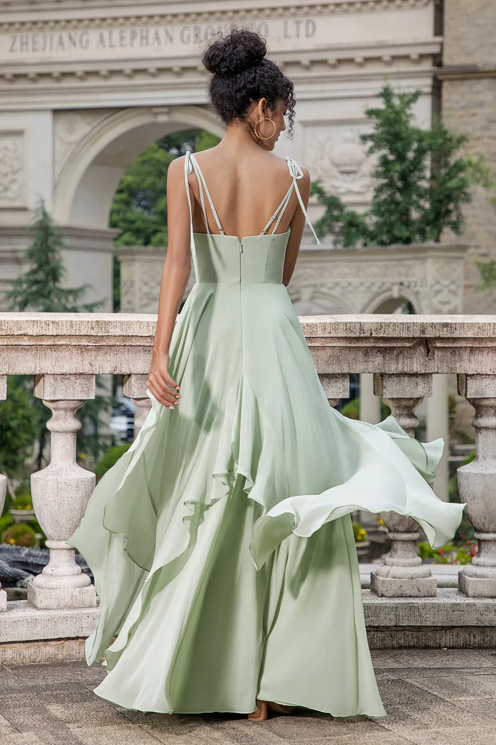 A Line Spaghetti Straps Chiffon Matcha Long Bridesmaid Dress with Ruffles sold by Wedtrend product image thumbnail 4