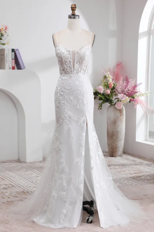 White Mermaid Spaghetti Straps Split Front Wedding Dress With Appliques made by Wedtrend