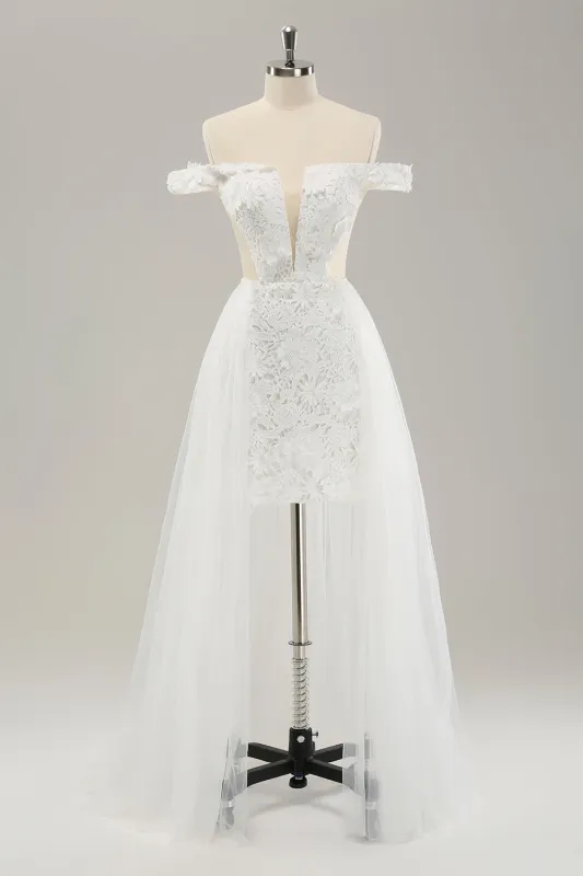 Sheath Off The Shoulder Appliques Lace Cut Out Wedding Dress with Detachable Tulle made by Wedtrend