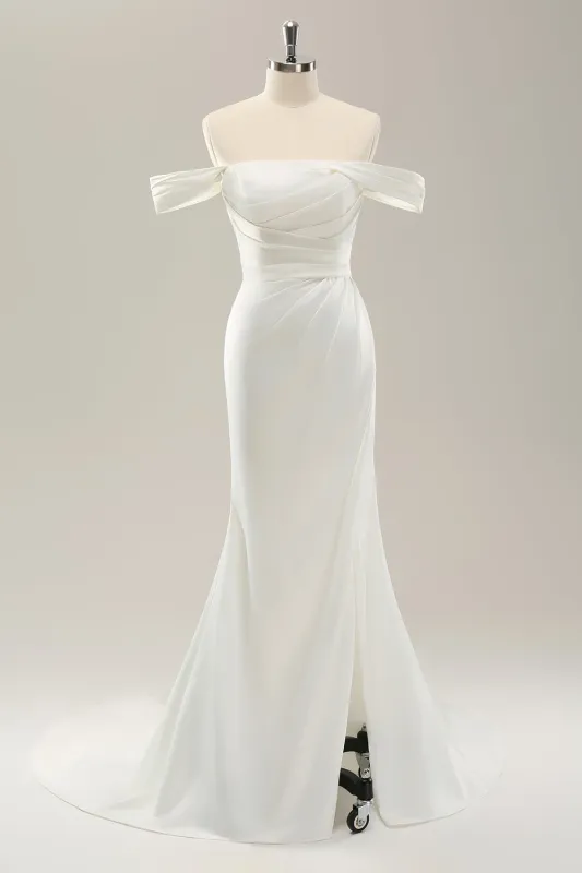 Mermaid Off The Shoulder Pleated Sweep Train Wedding Dress with Slit made by Wedtrend