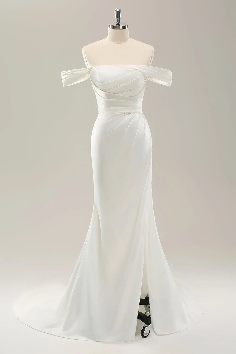 Mermaid Off The Shoulder Pleated Sweep Train Wedding Dress with Slit sold by Wedtrend