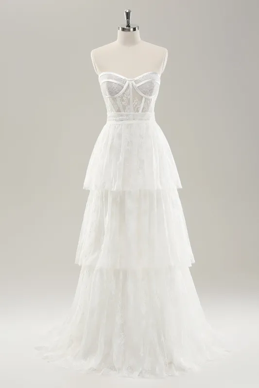 White A Line Sweetheart Corset Tiered Long Wedding Dress with Appliques Lace made by Wedtrend