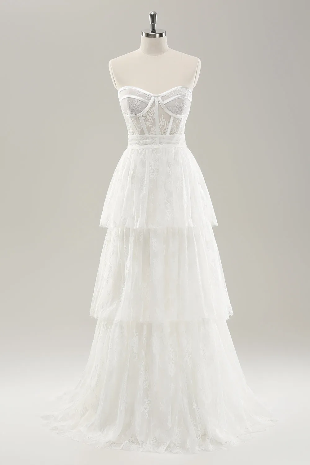 White A Line Sweetheart Corset Tiered Long Wedding Dress with Appliques Lace sold by Wedtrend