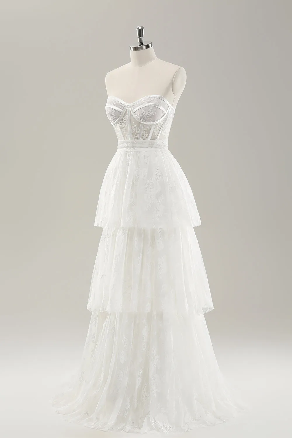 White A Line Sweetheart Corset Tiered Long Wedding Dress with Appliques Lace sold by Wedtrend product image thumbnail 4