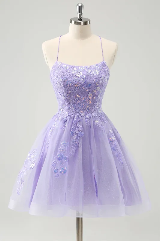 Sparkly Lilac A Line Spaghetti Straps Sequin Short Homecoming Dress with Lace Up Back made by Wedtrend