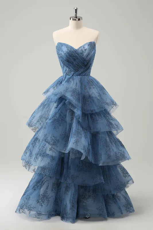 Grey Blue A Line Strapless Print Pleated Tiered Long Prom Dress With Lace-Up Back made by Wedtrend