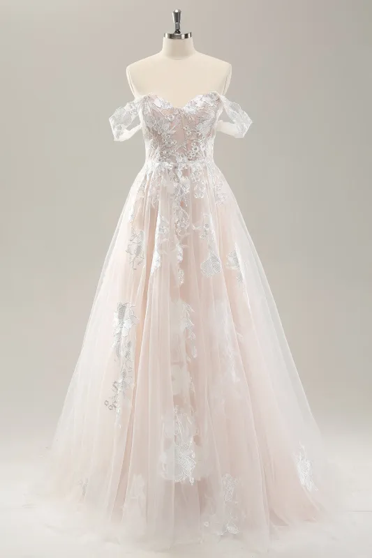 White A Line Off The Shoulder Corset Wedding Dress with Appliques Lace made by Wedtrend