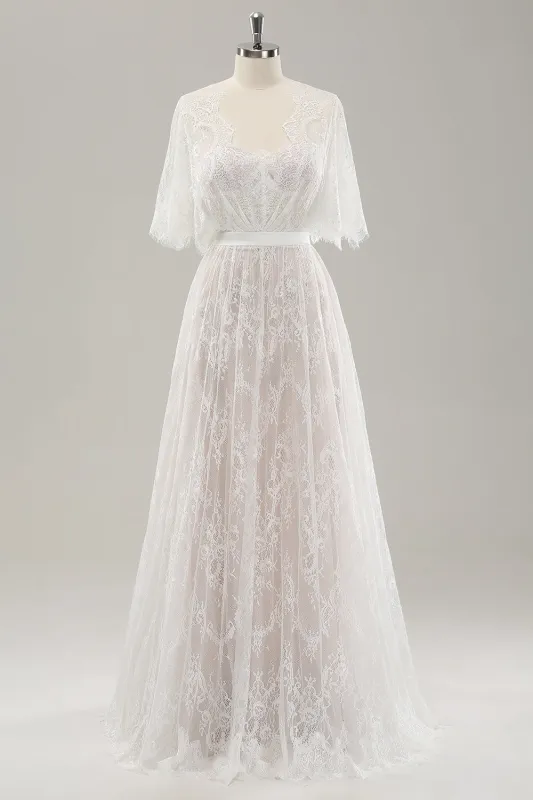 White A Line V Neck Corset Lace Long Wedding Dress with Cape Sleeves sold by Wedtrend