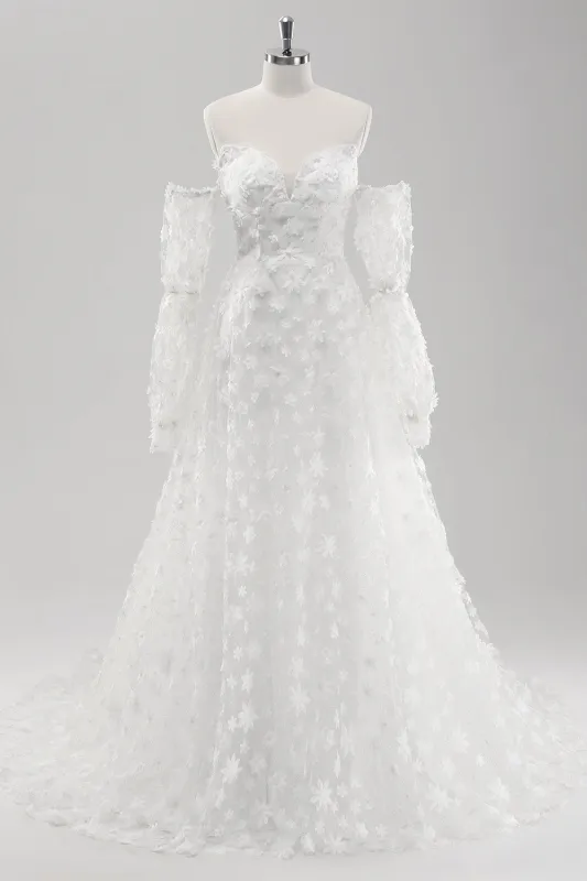 A Line Off The Shoulder Corset White Wedding Dress with Detachable Sleeves made by Wedtrend