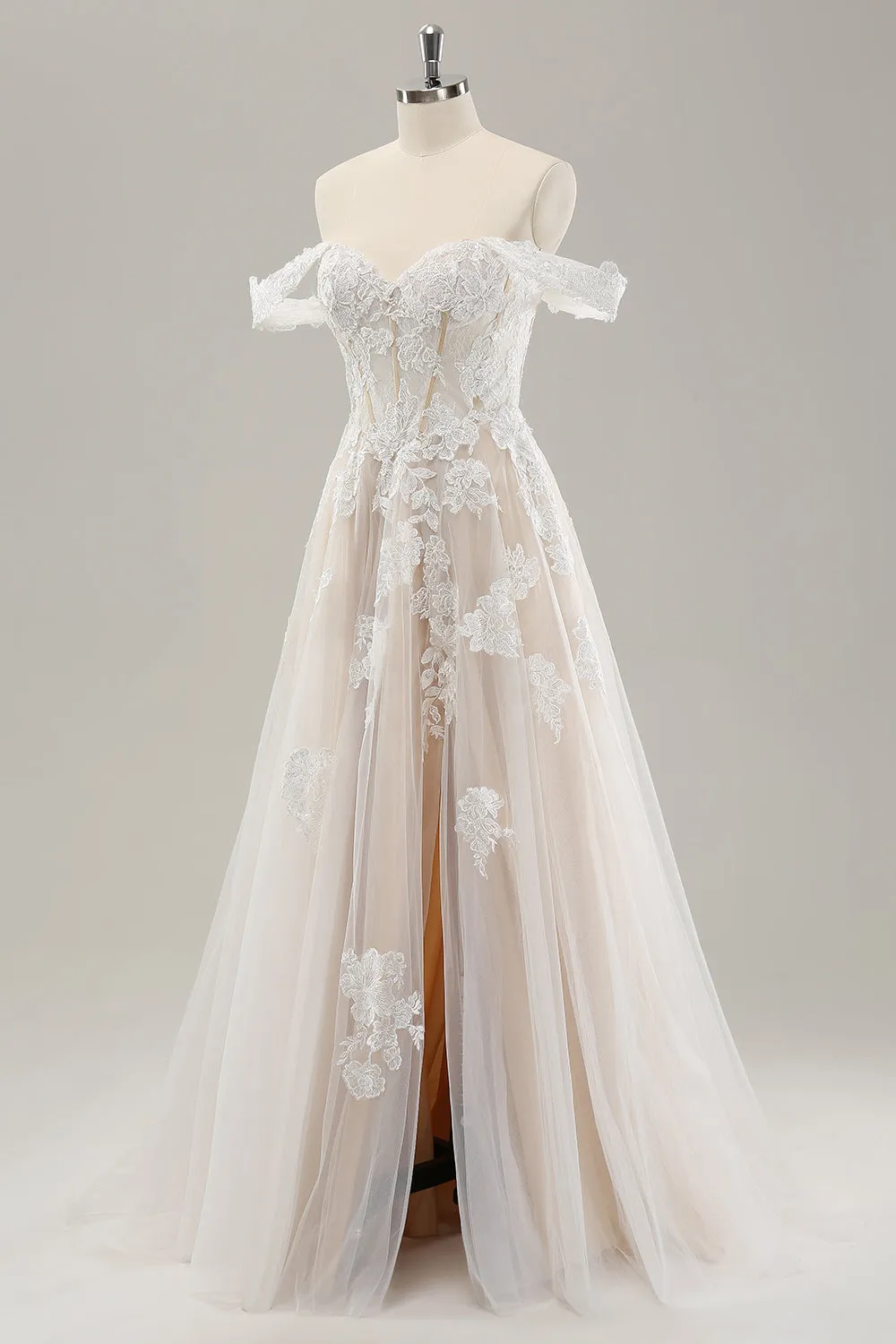 White A Line Off The Shoulder Appliques Lace Corset Wedding Dress with Slit sold by Wedtrend product image thumbnail 3
