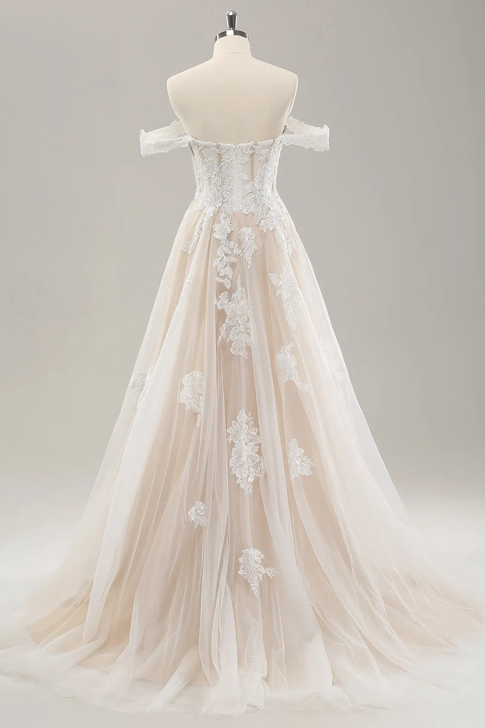 White A Line Off The Shoulder Appliques Lace Corset Wedding Dress with Slit sold by Wedtrend product image thumbnail 2