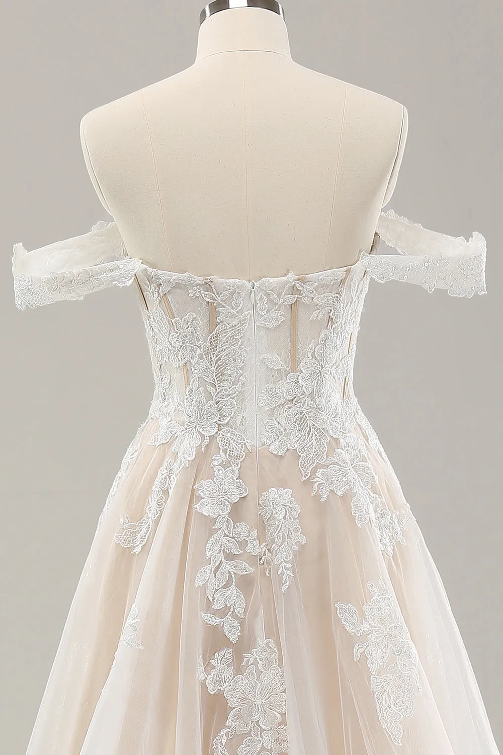 White A Line Off The Shoulder Appliques Lace Corset Wedding Dress with Slit sold by Wedtrend product image thumbnail 5